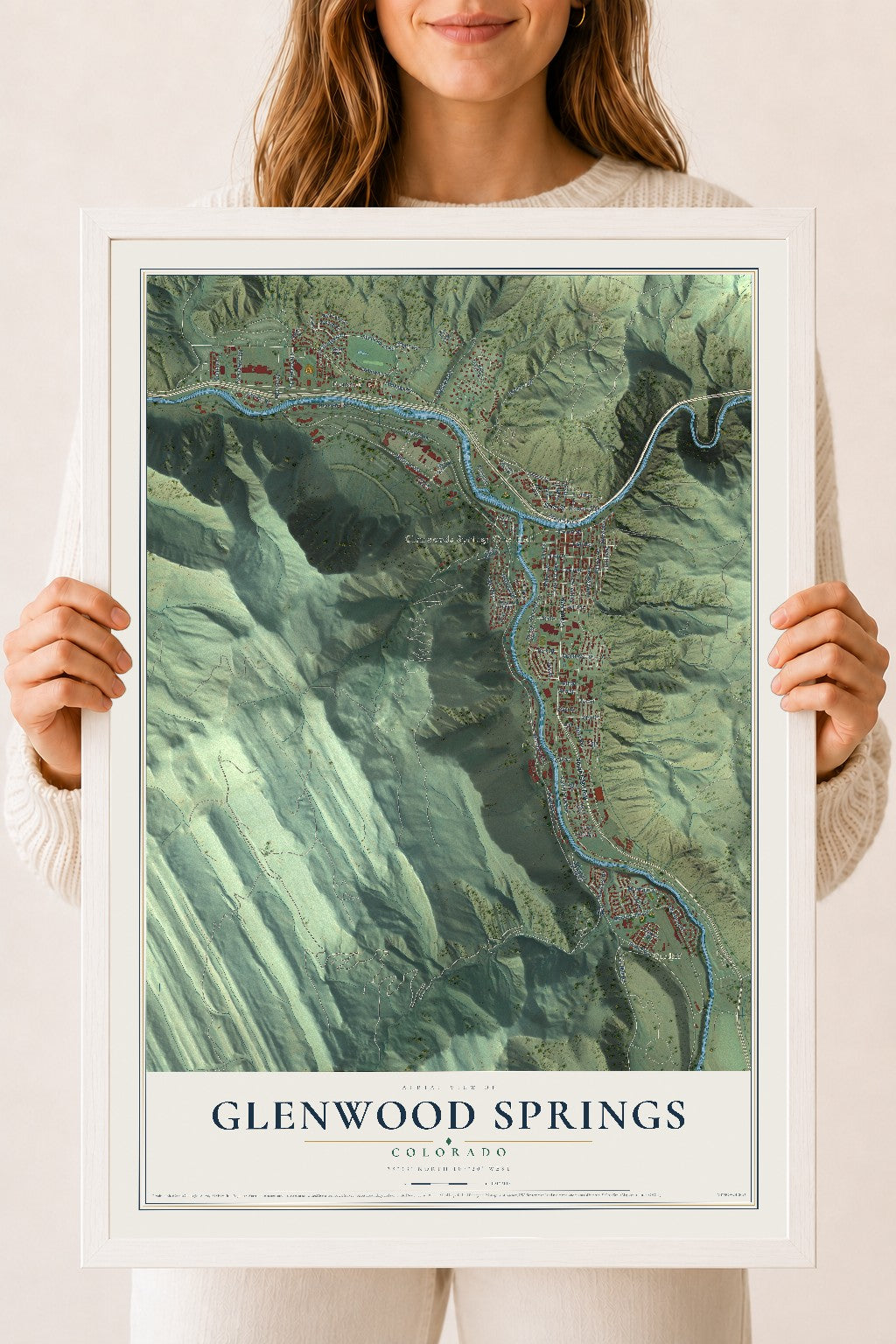 Map of Glenwood Springs, Colorado, 18 x 24 inch print in a white wood frame