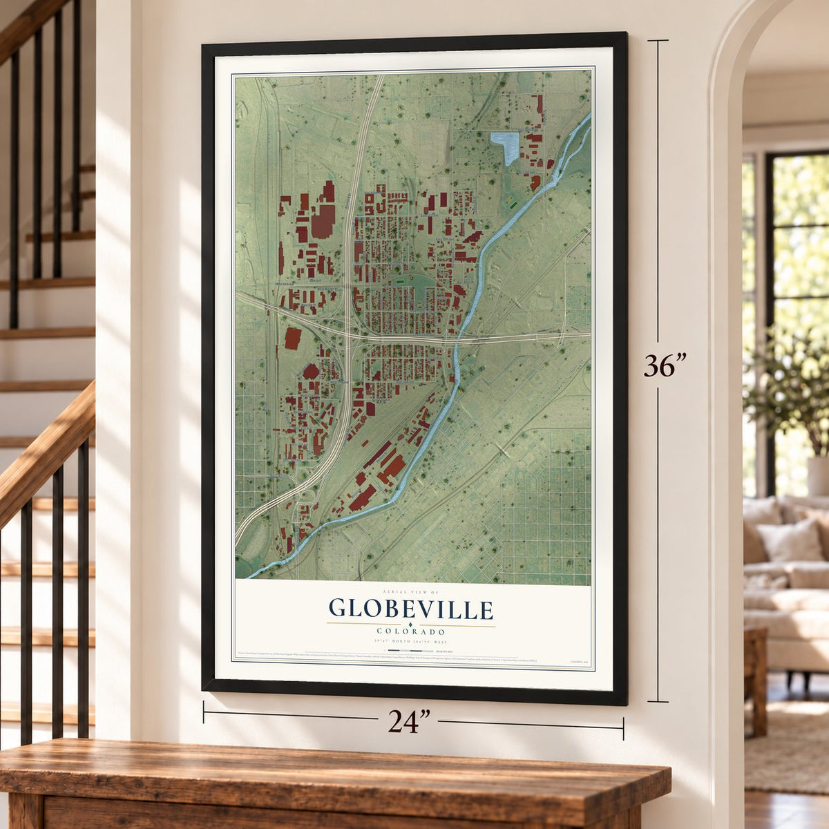 Globeville, Colorado map, 24 x 36 inch print in a black frame by a staircase