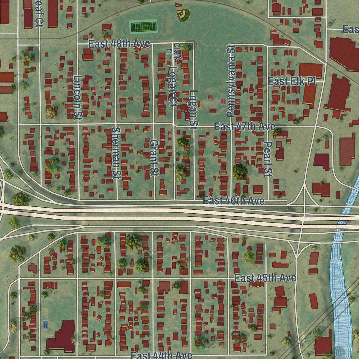 Close-up of the map of Globeville, Colorado print showing street and building detail