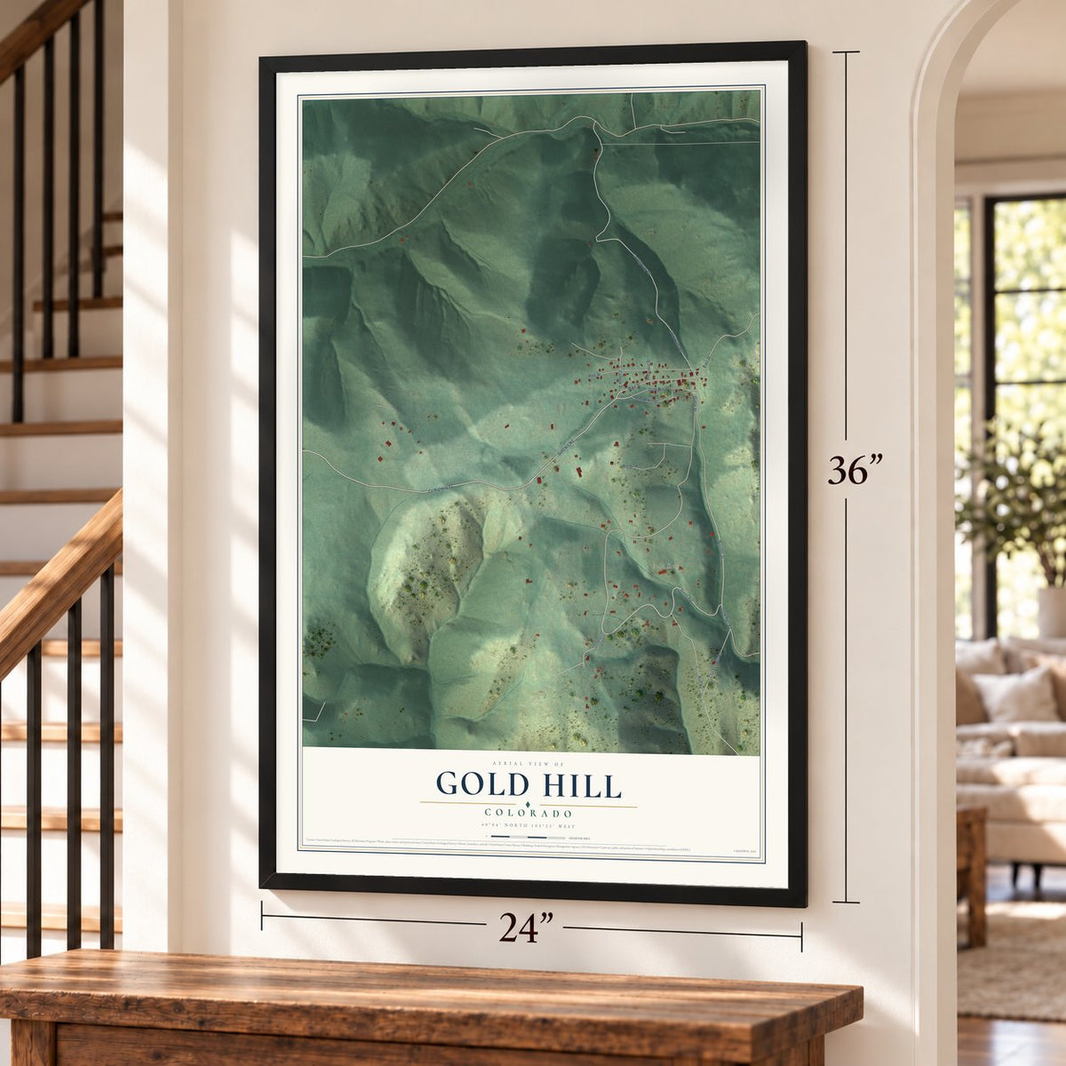 Gold Hill, Colorado map, 24 x 36 inch print in a black frame by a staircase