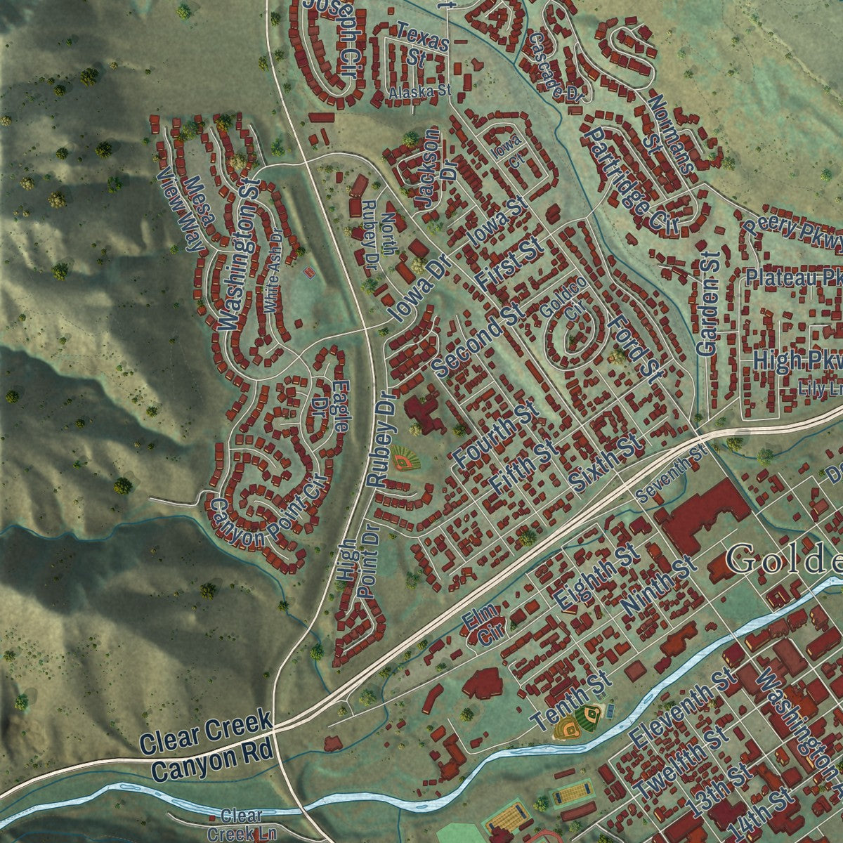 Close-up of the map of Golden, Colorado print showing street and building detail