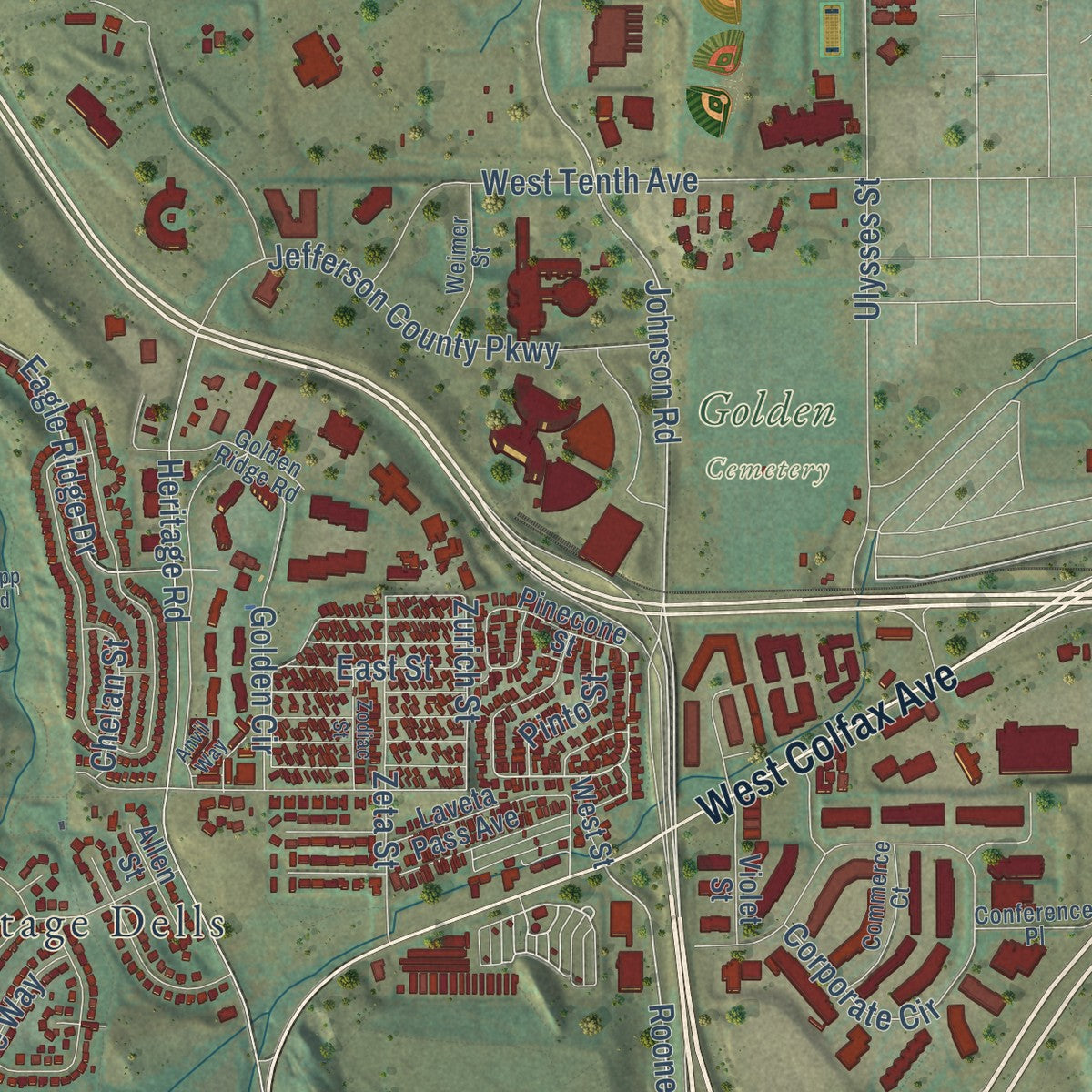 Second close-up of the map of Golden, Colorado print showing more streets and buildings