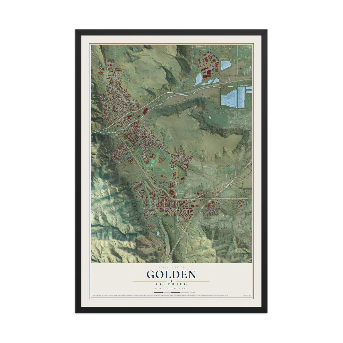 Map of Golden, Colorado, 12 x 18 inch print in a black wood frame