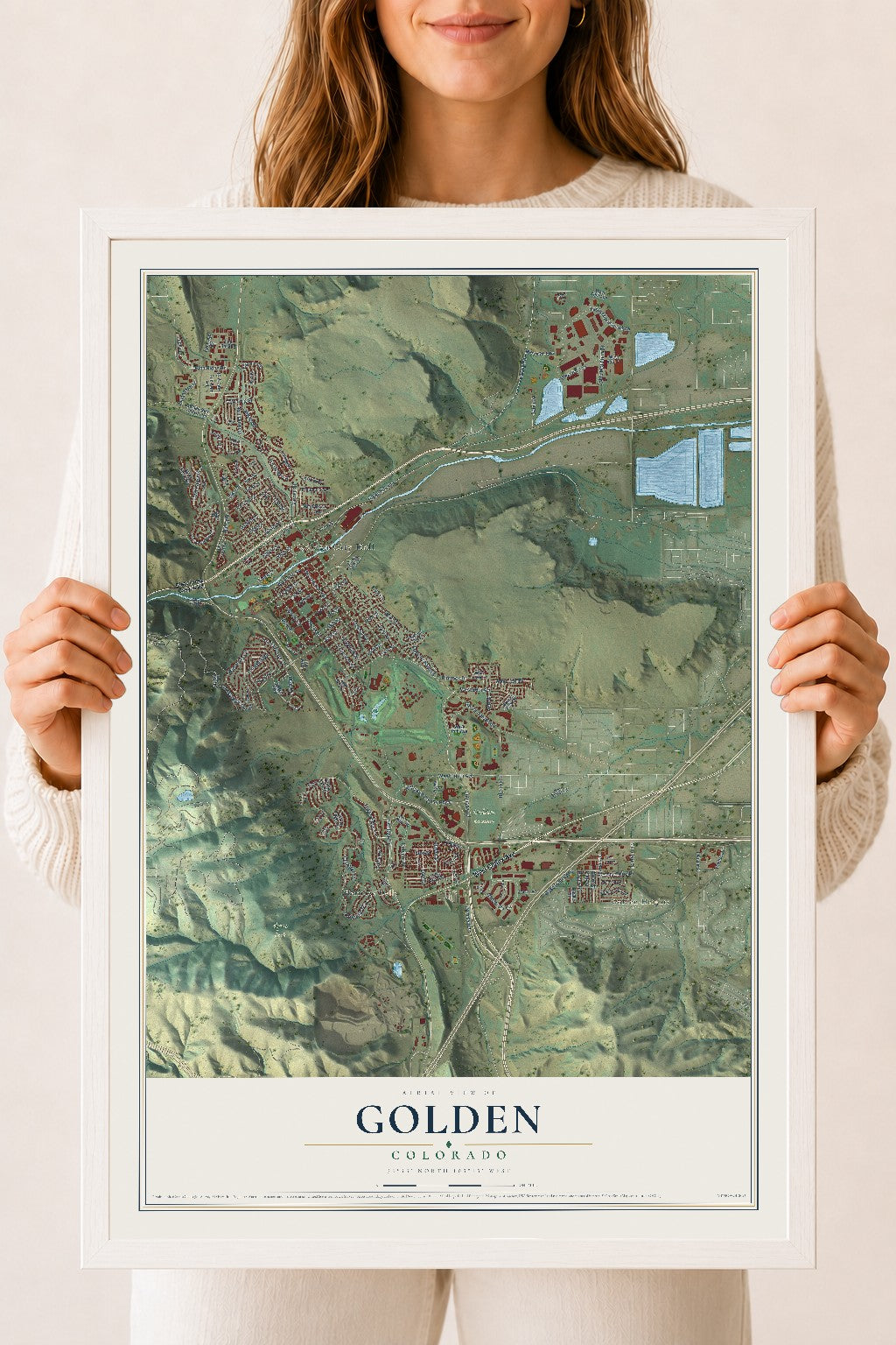 Map of Golden, Colorado, 18 x 24 inch print in a white wood frame