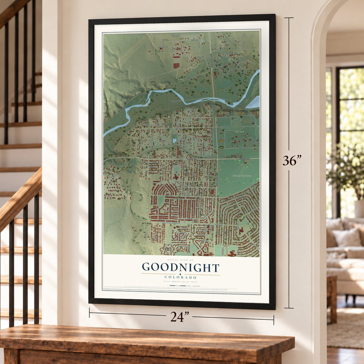 Goodnight, Colorado map, 24 x 36 inch print in a black frame by a staircase