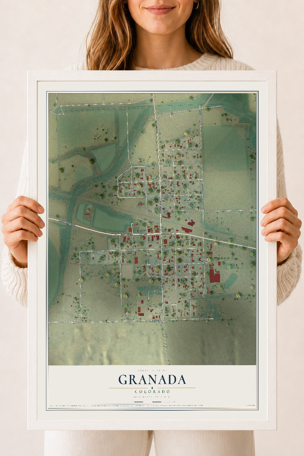 Map of Granada, Colorado, 18 x 24 inch print in a white wood frame