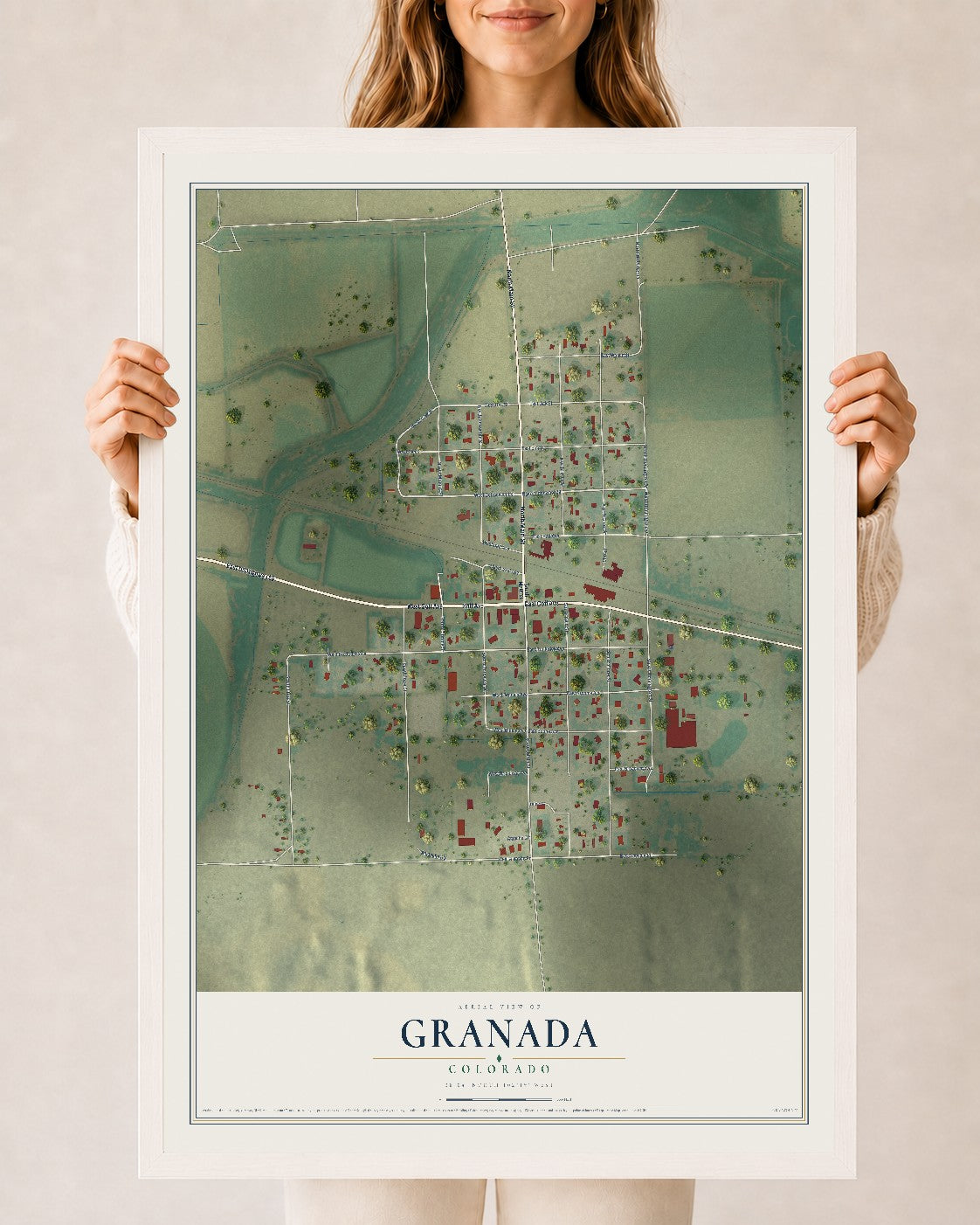 Map of Granada, Colorado, 24 x 36 inch print in a white wood frame