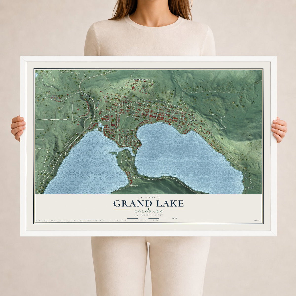 Map of Grand Lake, Colorado, 24 x 36 inch print in a white wood frame