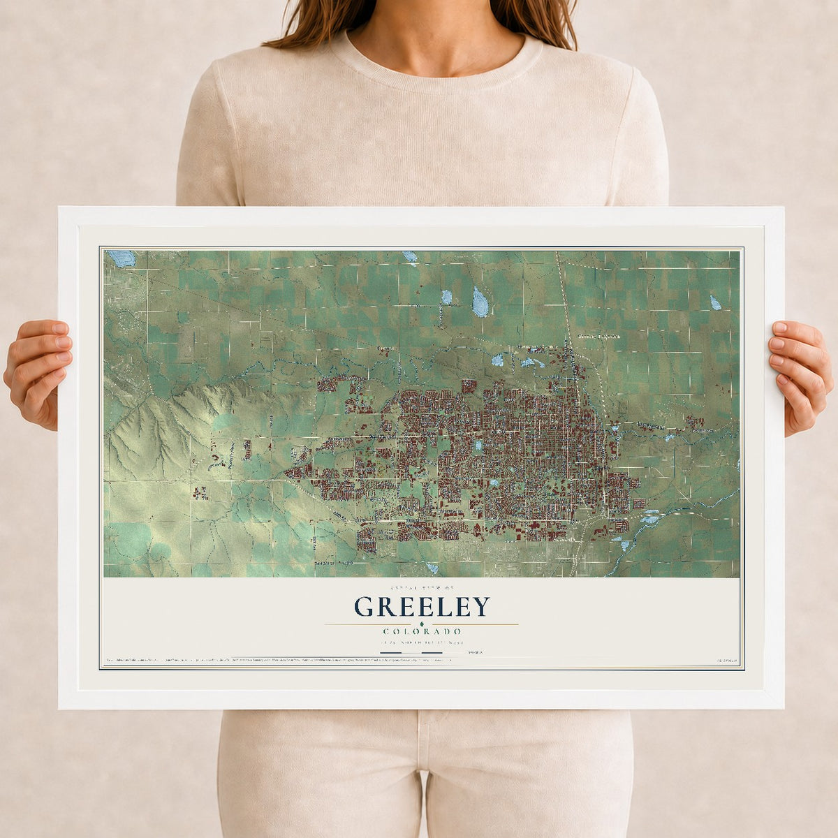 Map of Greeley, Colorado, 12 x 18 inch print in a white wood frame