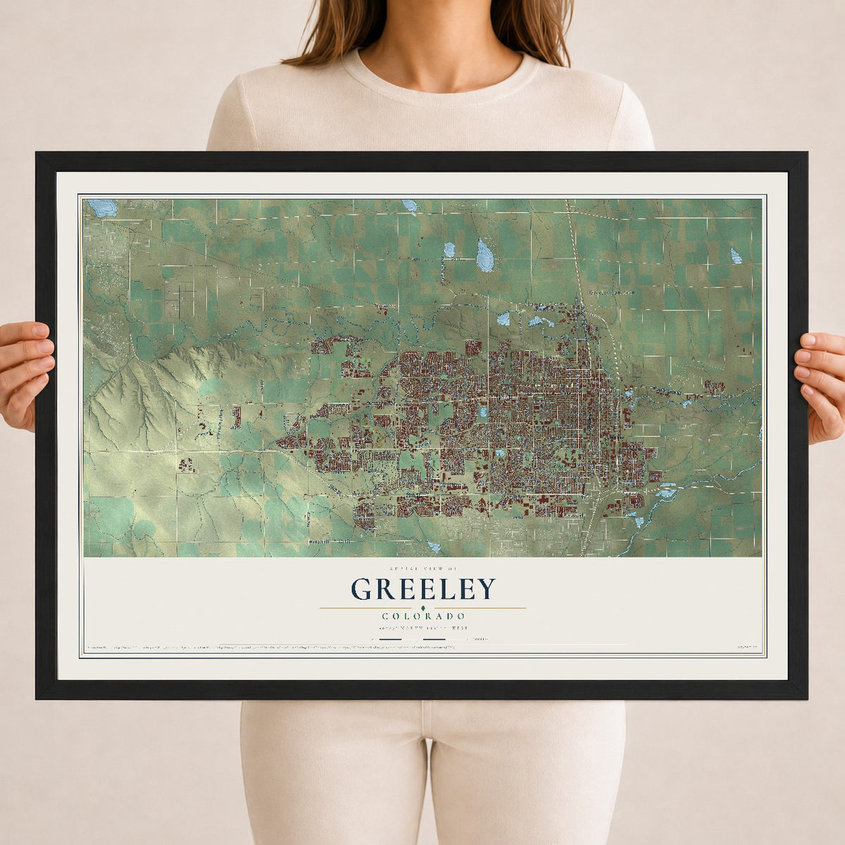Map of Greeley, Colorado, 18 x 24 inch print in a black wood frame