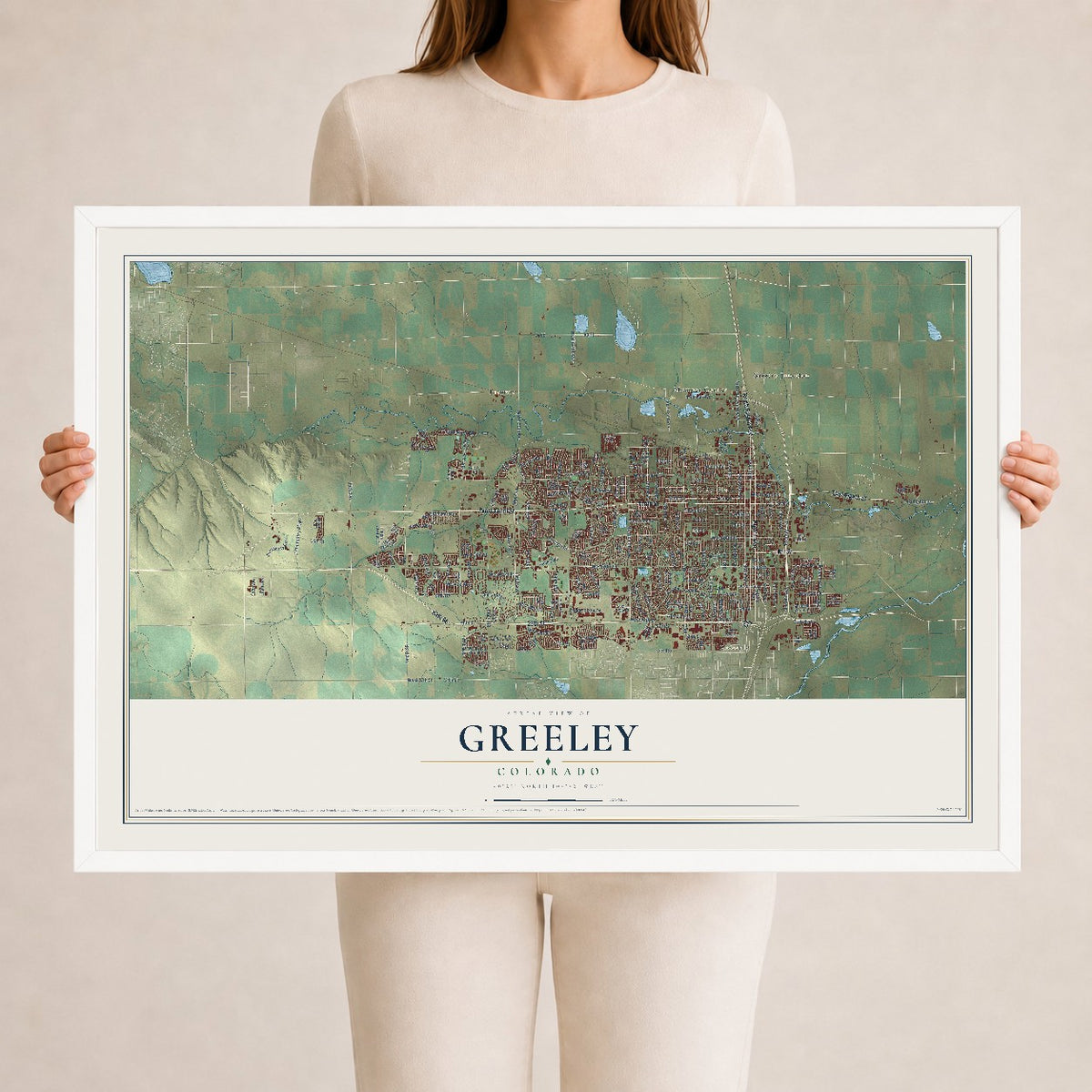 Map of Greeley, Colorado, 24 x 36 inch print in a white wood frame