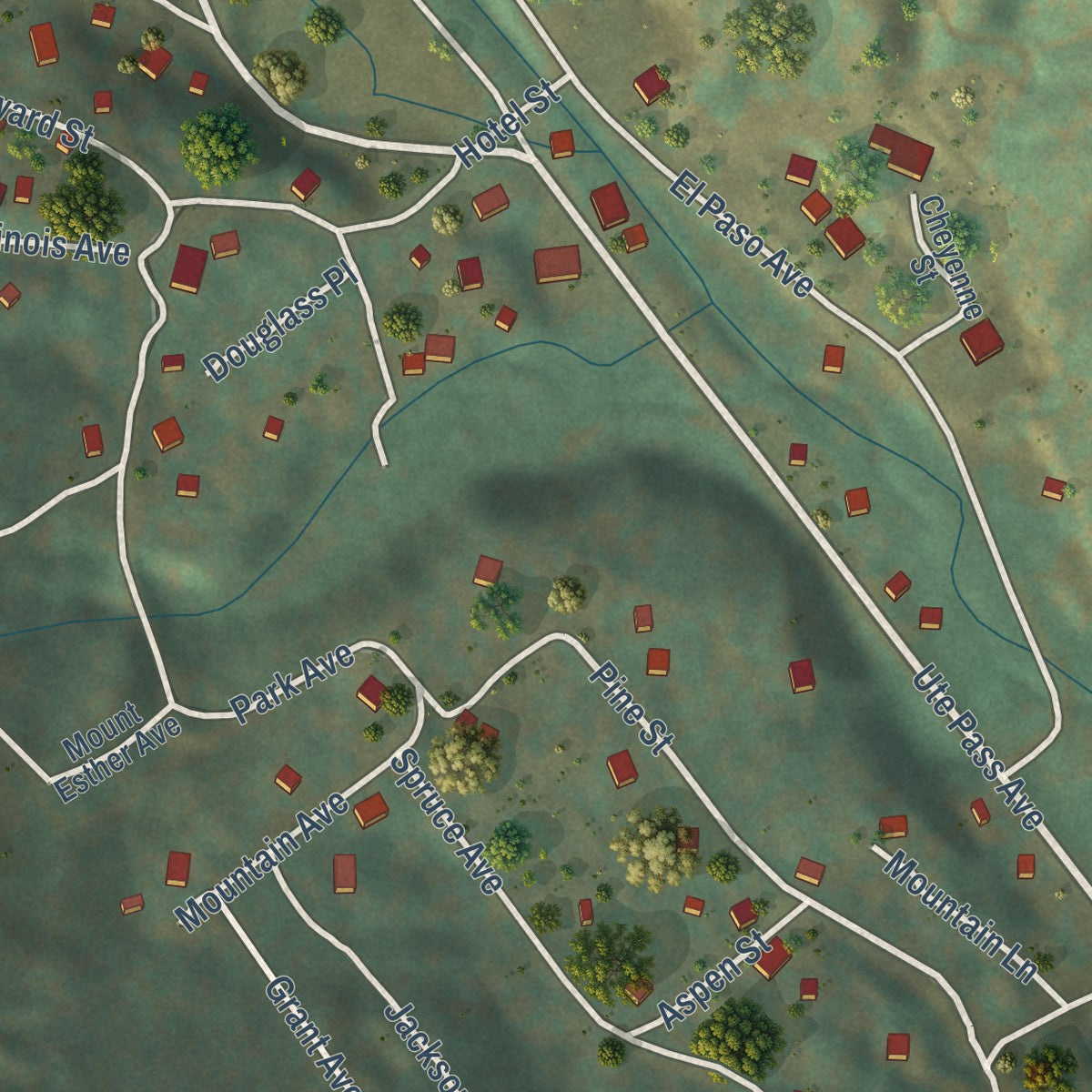 Second close-up of the map of Green Mountain Falls, Colorado print showing more streets and buildings