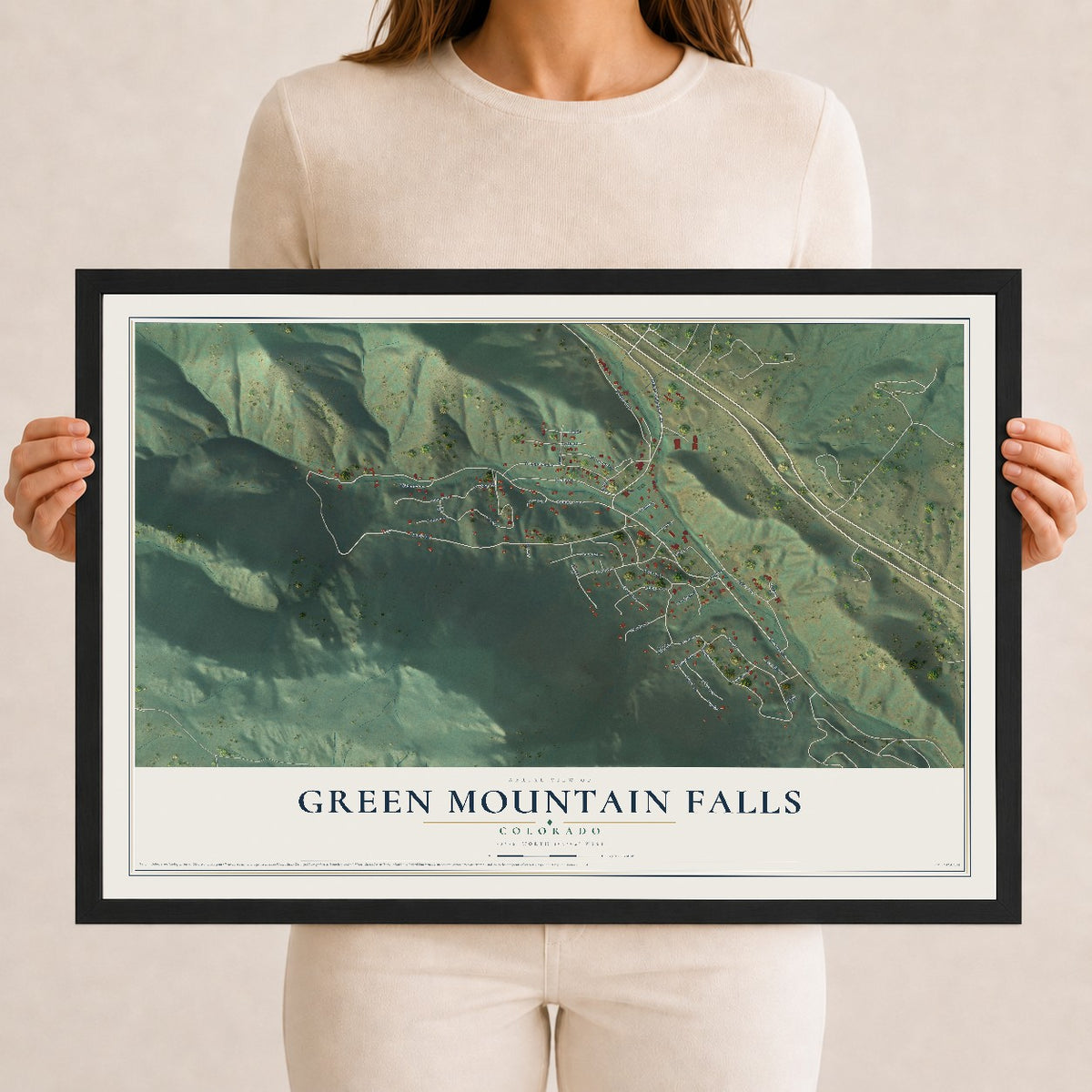 Map of Green Mountain Falls, Colorado, 12 x 18 inch print in a black wood frame