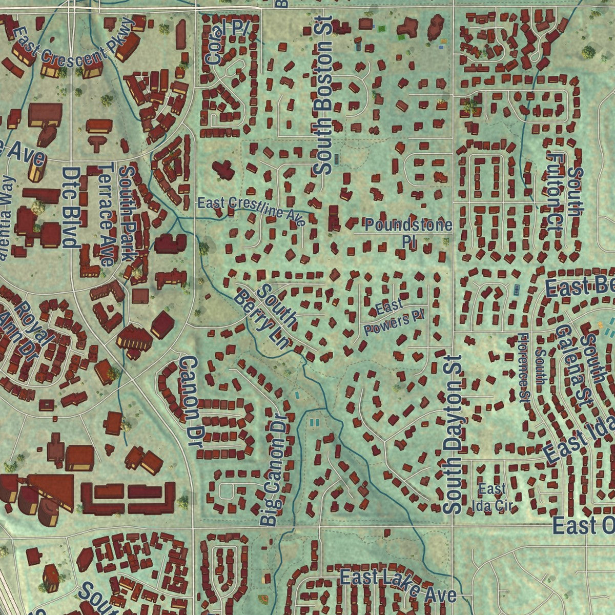 Close-up of the map of Greenwood Village, Colorado print showing street and building detail