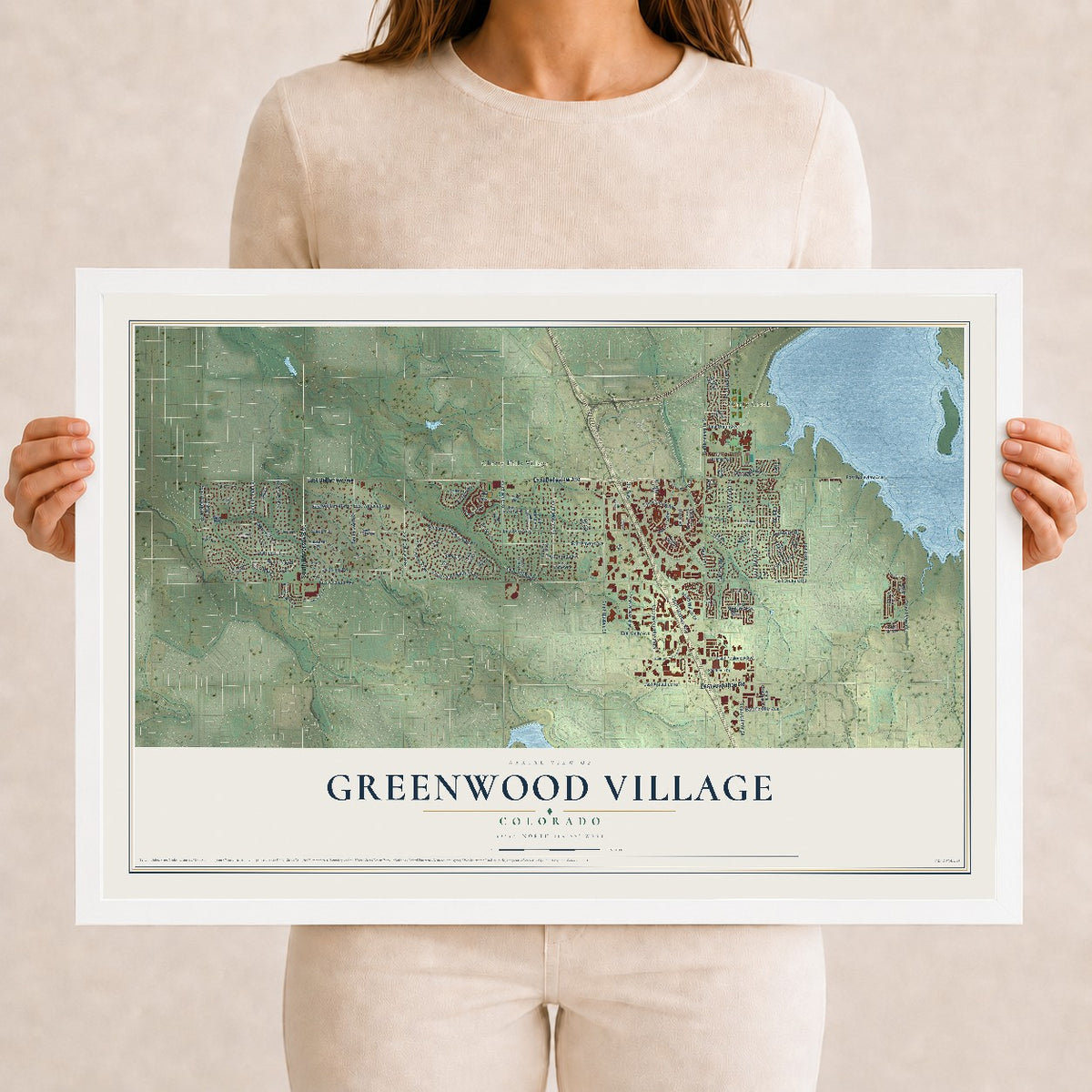 Map of Greenwood Village, Colorado, 12 x 18 inch print in a white wood frame