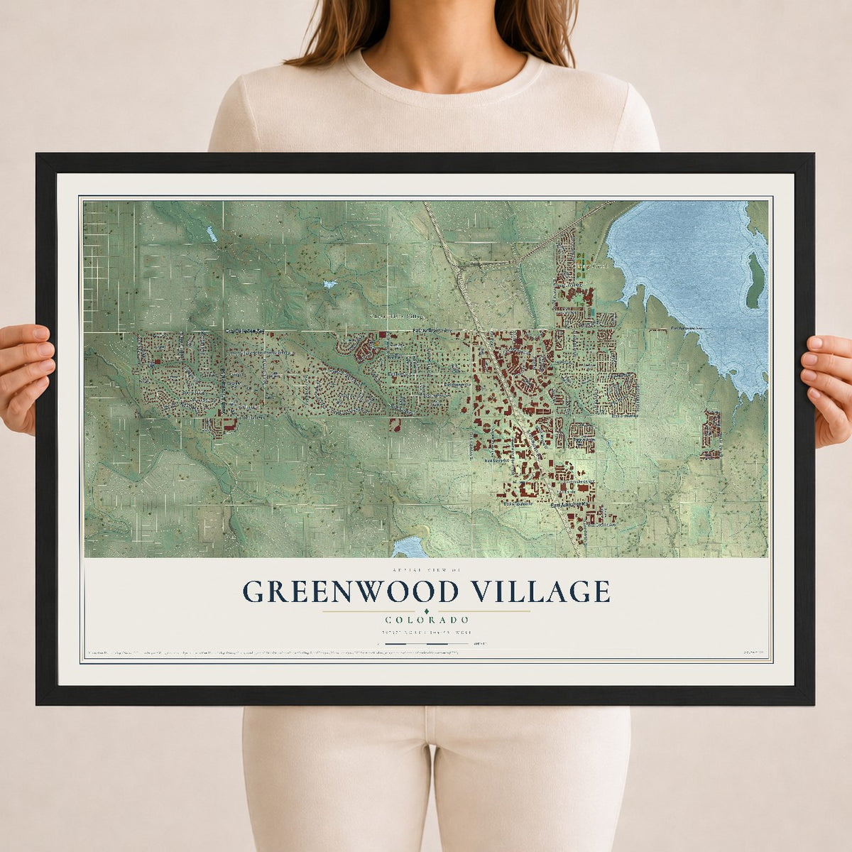 Map of Greenwood Village, Colorado, 18 x 24 inch print in a black wood frame