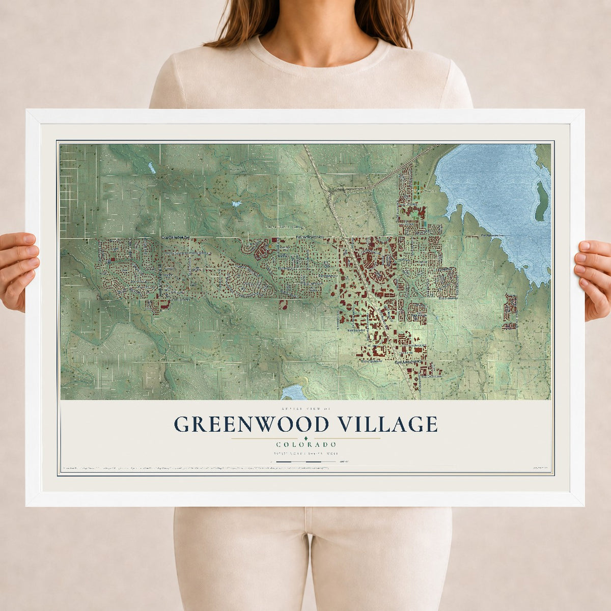 Map of Greenwood Village, Colorado, 18 x 24 inch print in a white wood frame