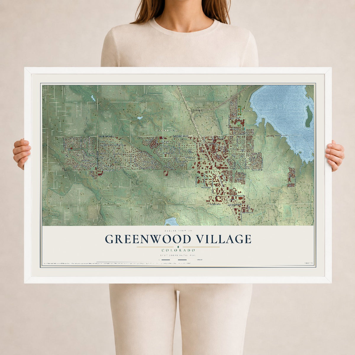 Map of Greenwood Village, Colorado, 24 x 36 inch print in a white wood frame