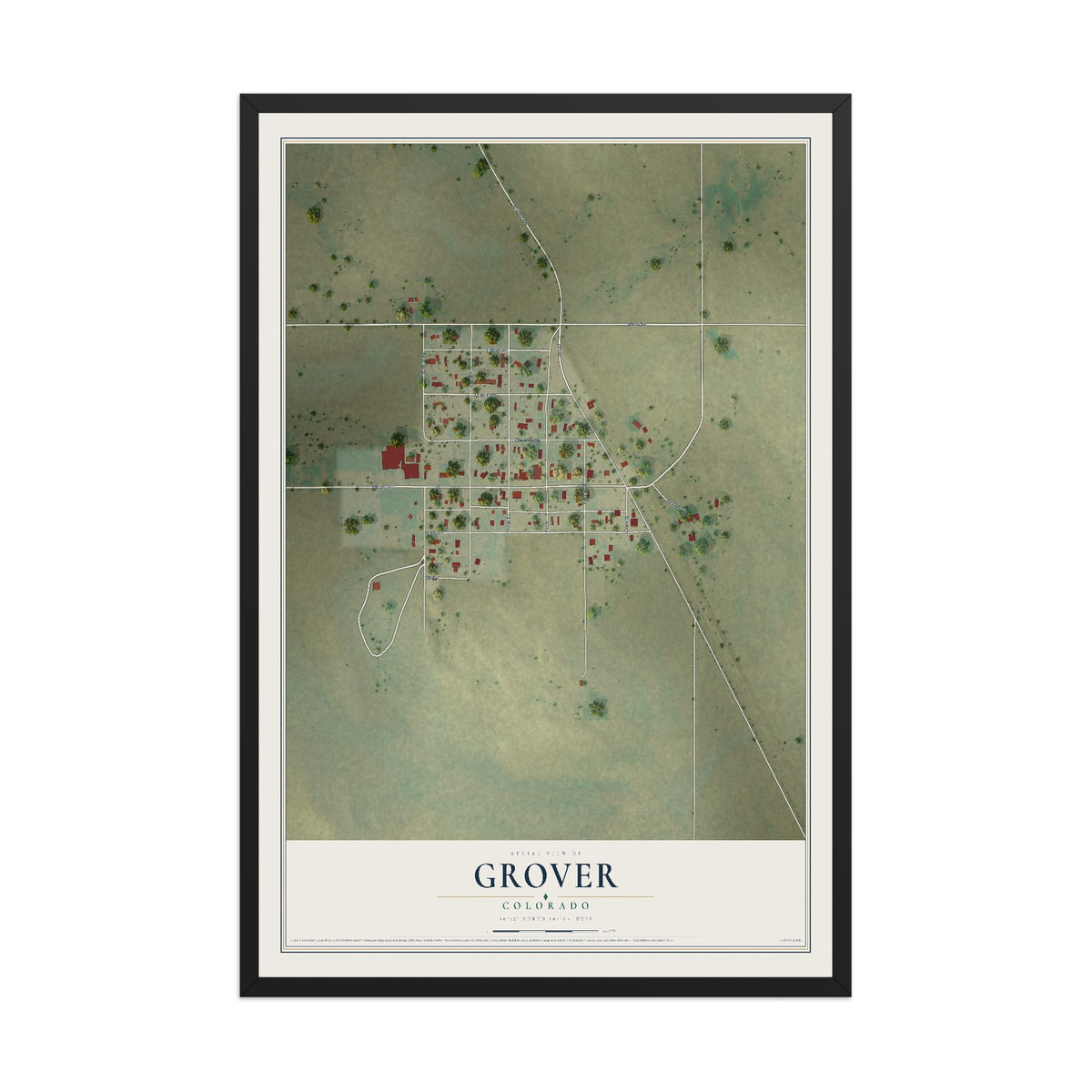 Map of Grover, Colorado, 12 x 18 inch print in a black wood frame