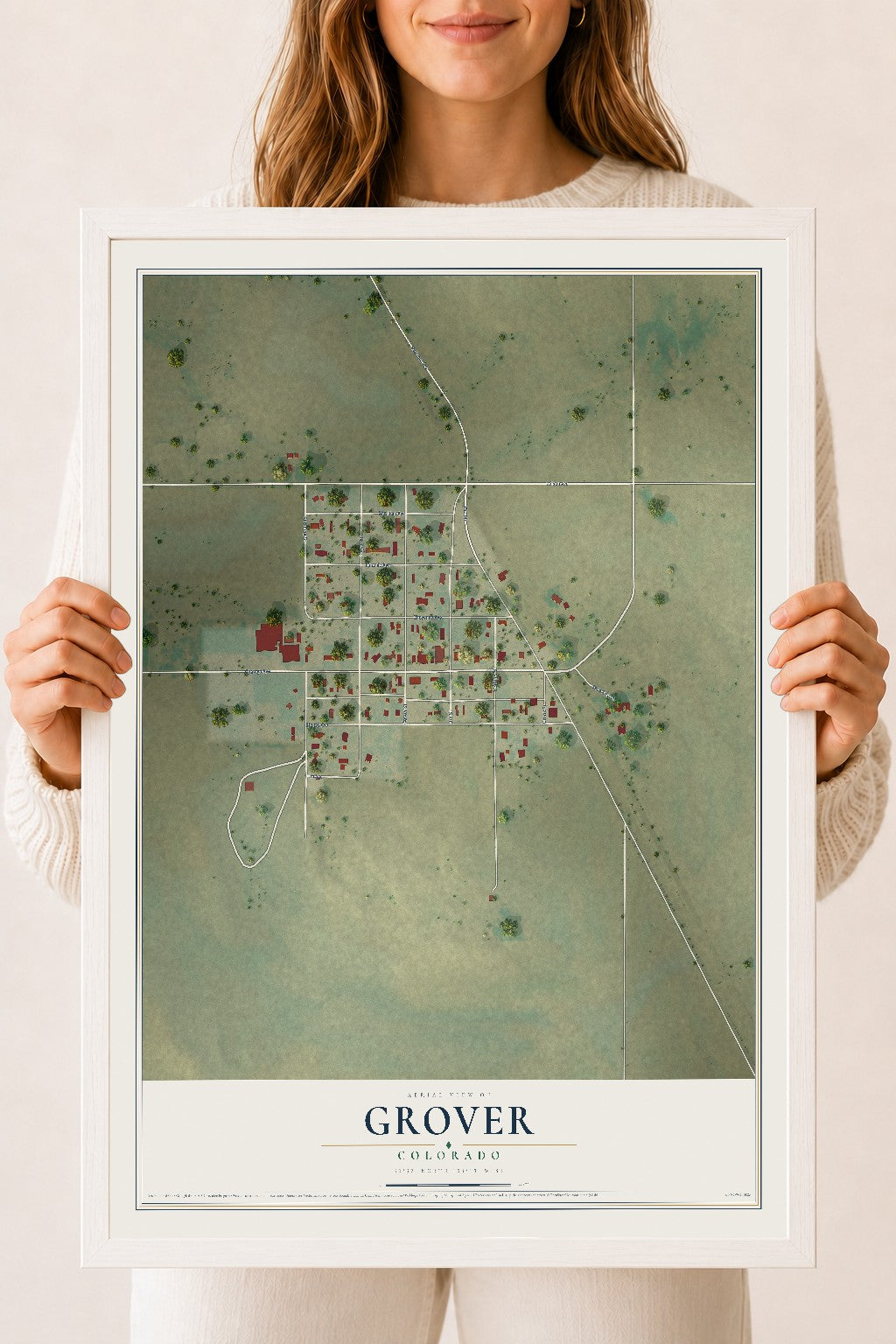 Map of Grover, Colorado, 18 x 24 inch print in a white wood frame