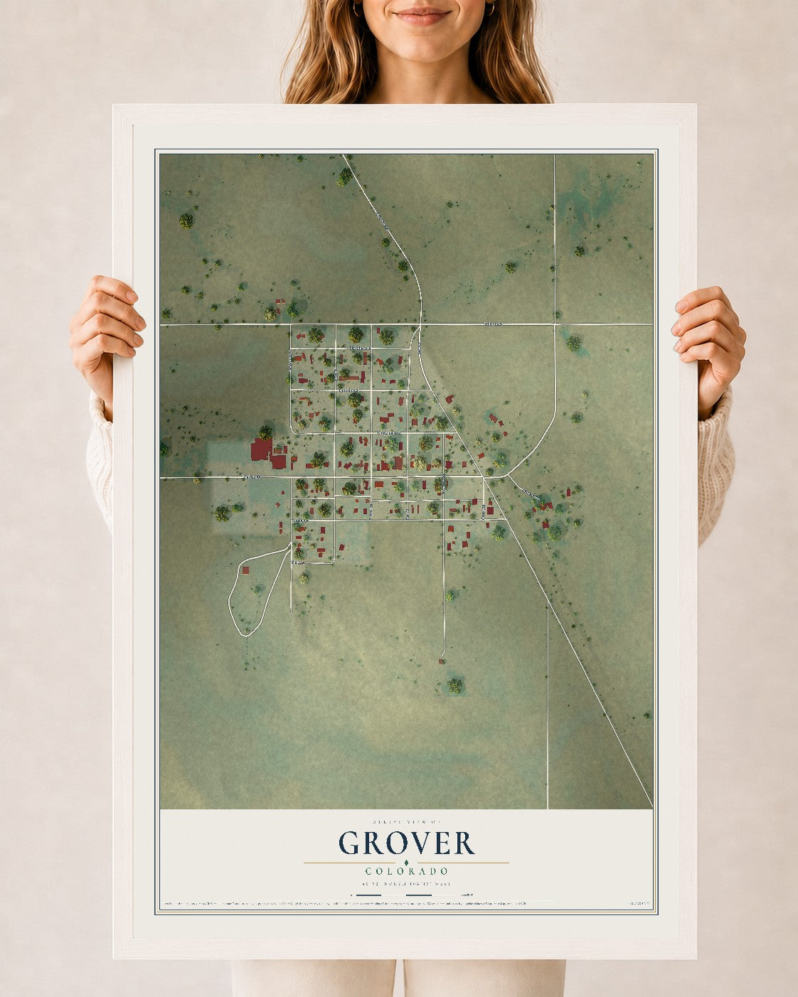 Map of Grover, Colorado, 24 x 36 inch print in a white wood frame