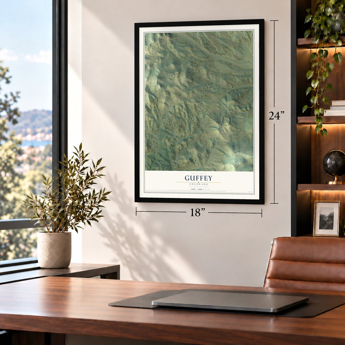 Guffey, Colorado map, 18 x 24 inch print in a black frame in a home office