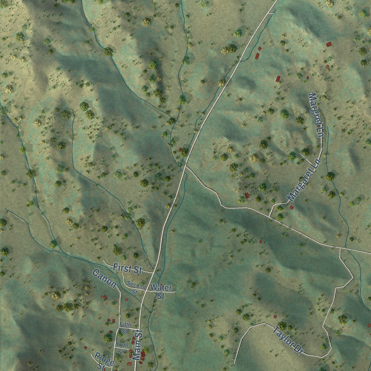 Close-up of the map of Guffey, Colorado print showing street and building detail