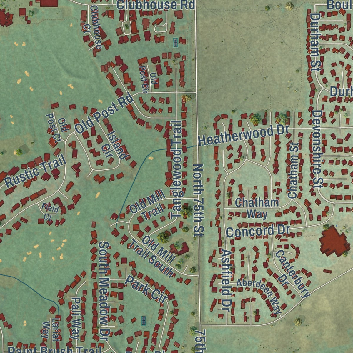 Close-up of the map of Gunbarrel, Colorado print showing street and building detail