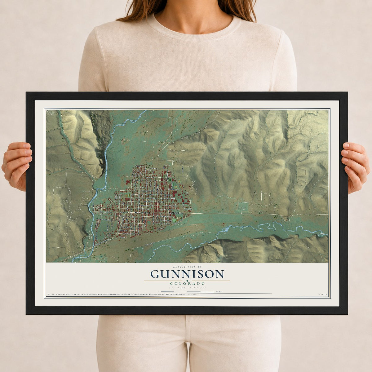 Map of Gunnison, Colorado, 12 x 18 inch print in a black wood frame