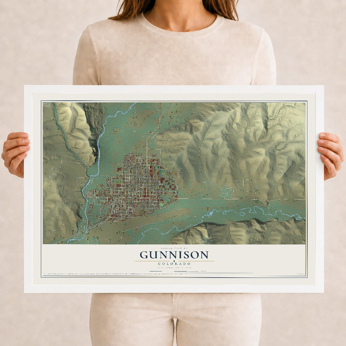 Map of Gunnison, Colorado, 12 x 18 inch print in a white wood frame