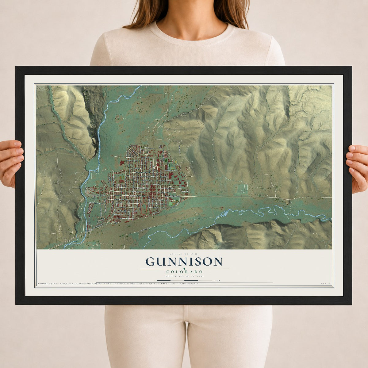 Map of Gunnison, Colorado, 18 x 24 inch print in a black wood frame