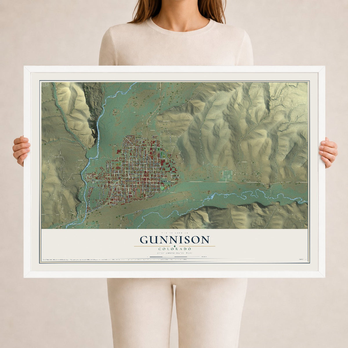 Map of Gunnison, Colorado, 24 x 36 inch print in a white wood frame