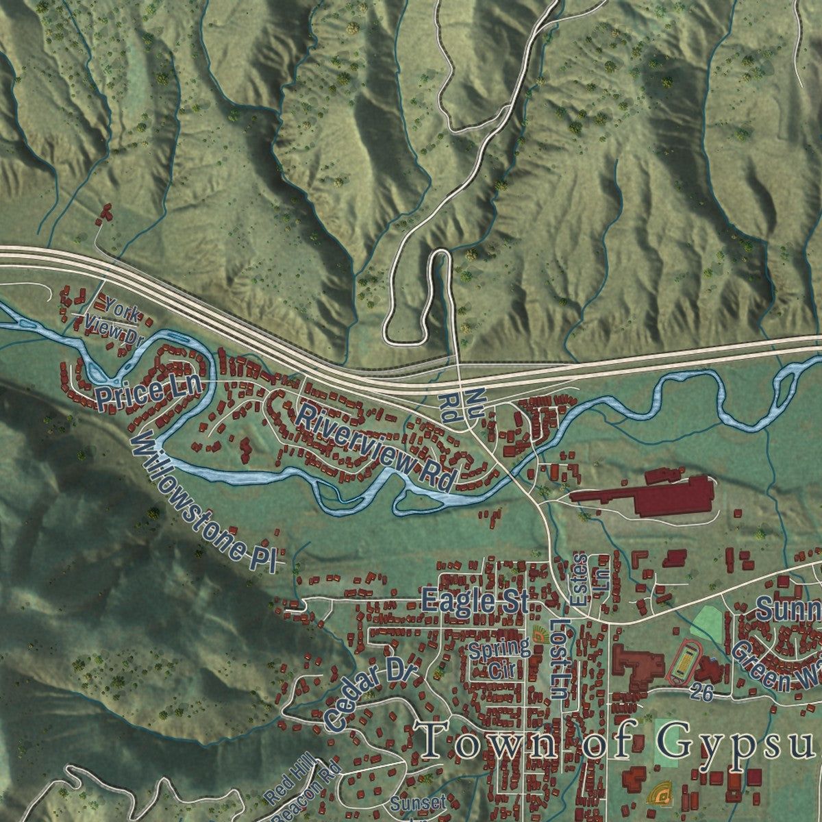 Second close-up of the map of Gypsum, Colorado print showing more streets and buildings