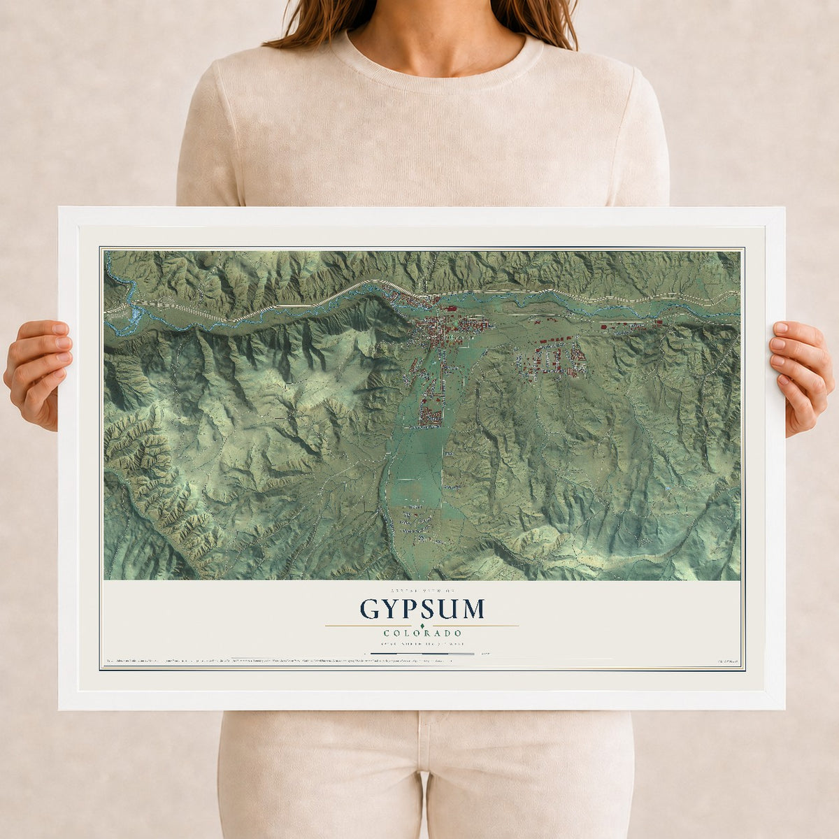 Map of Gypsum, Colorado, 12 x 18 inch print in a white wood frame