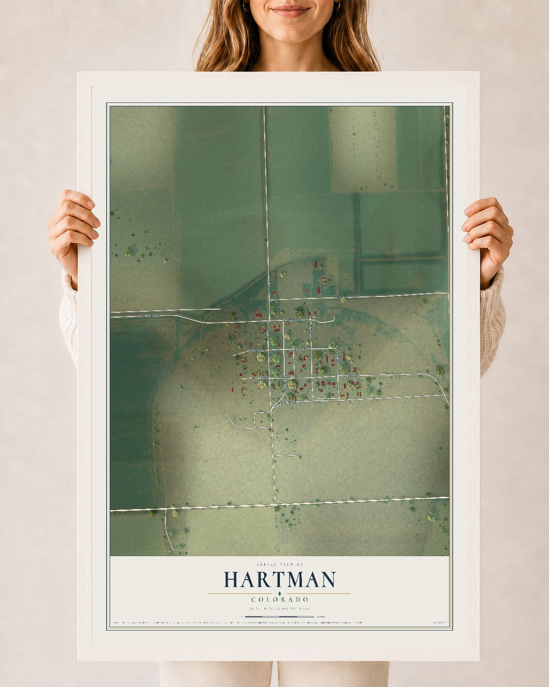 Map of Hartman, Colorado, 24 x 36 inch print in a white wood frame