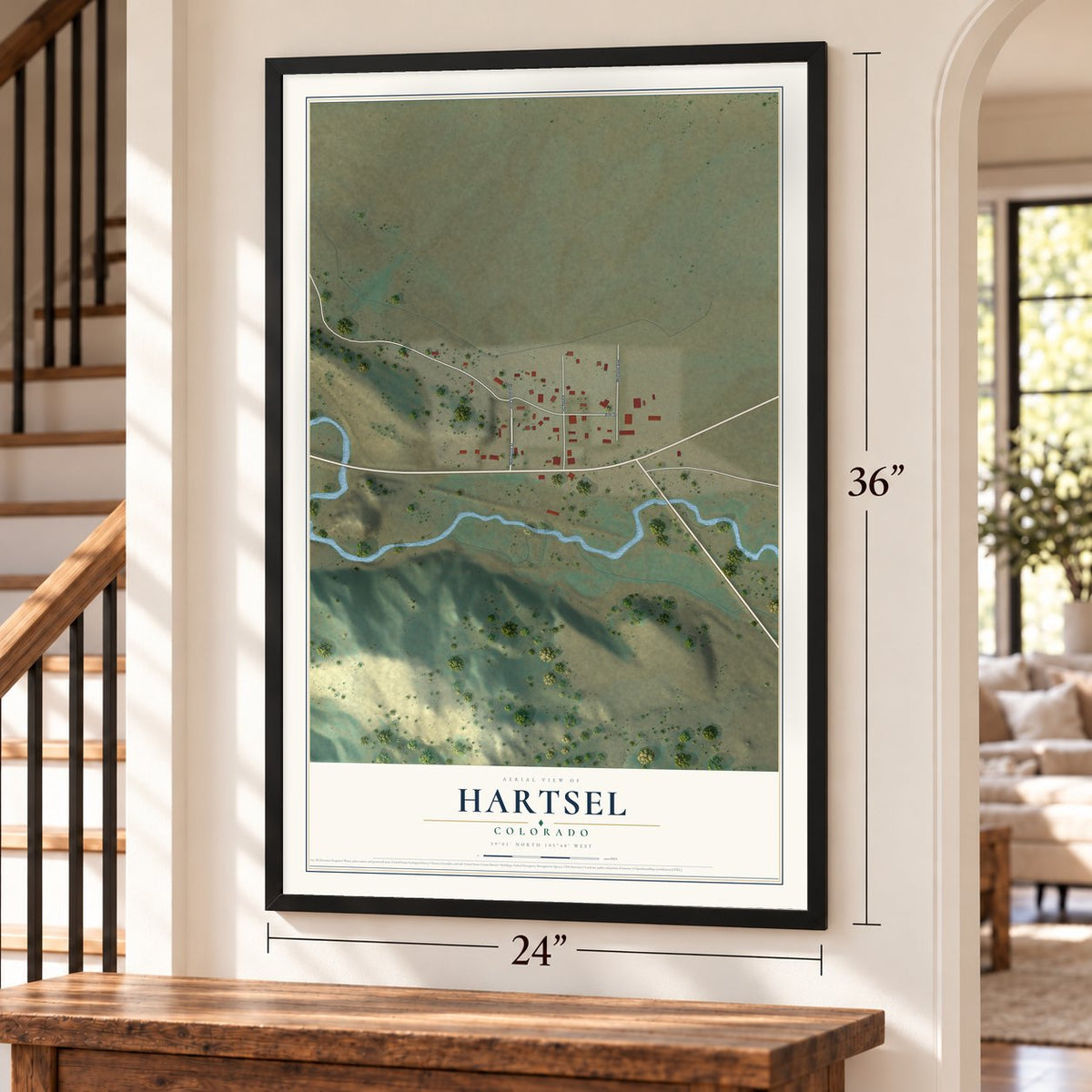 Hartsel, Colorado map, 24 x 36 inch print in a black frame by a staircase