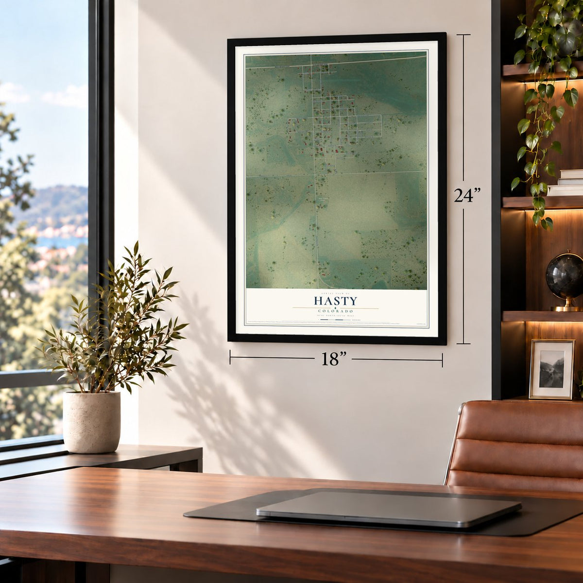 Hasty, Colorado map, 18 x 24 inch print in a black frame in a home office