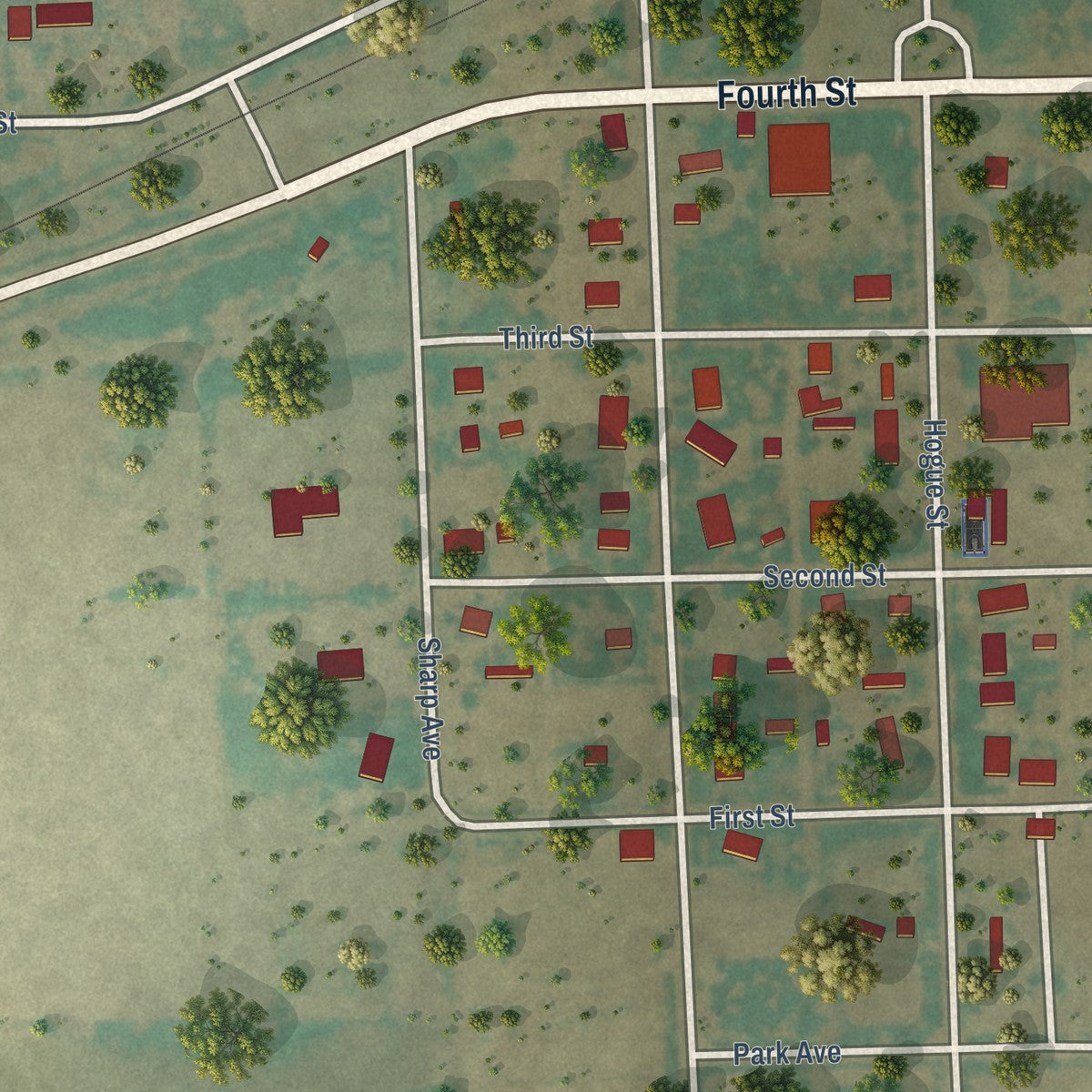Close-up of the map of Haswell, Colorado print showing street and building detail