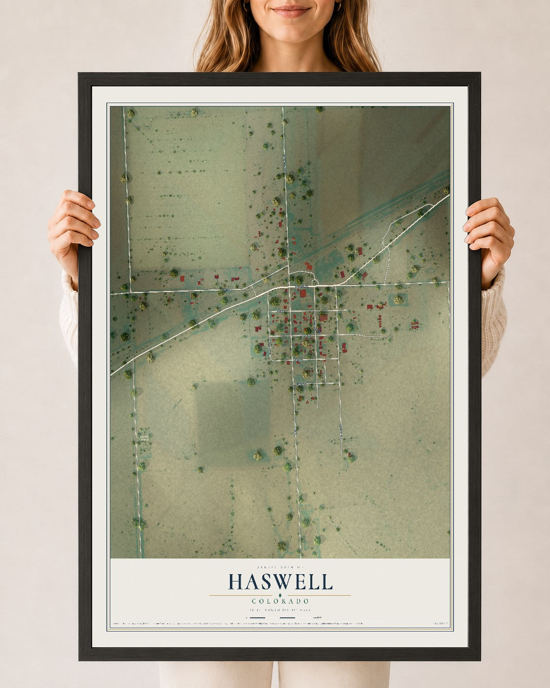 Map of Haswell, Colorado, 24 x 36 inch print in a black wood frame