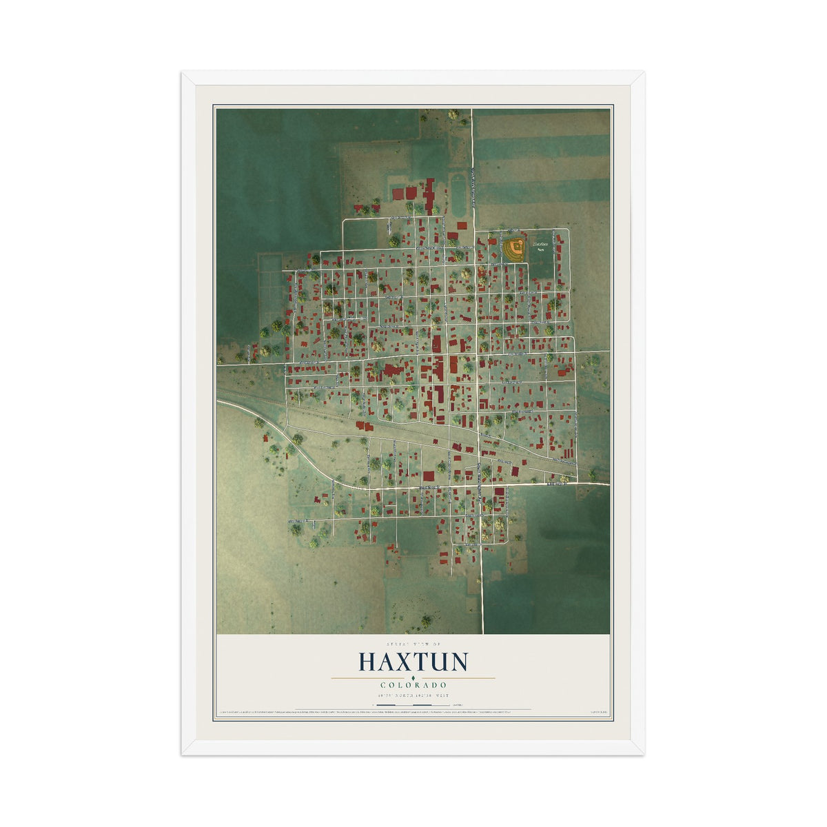 Map of Haxtun, Colorado, 12 x 18 inch print in a white wood frame
