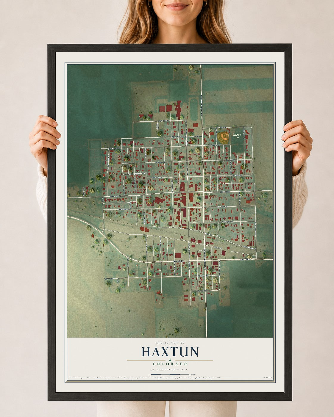 Map of Haxtun, Colorado, 24 x 36 inch print in a black wood frame