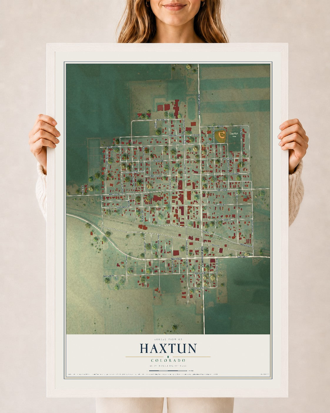 Map of Haxtun, Colorado, 24 x 36 inch print in a white wood frame
