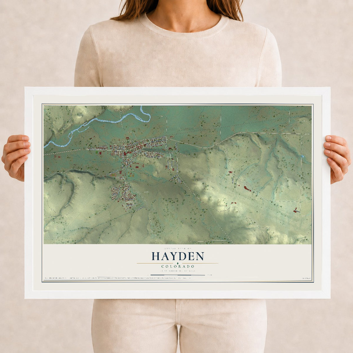 Map of Hayden, Colorado, 12 x 18 inch print in a white wood frame