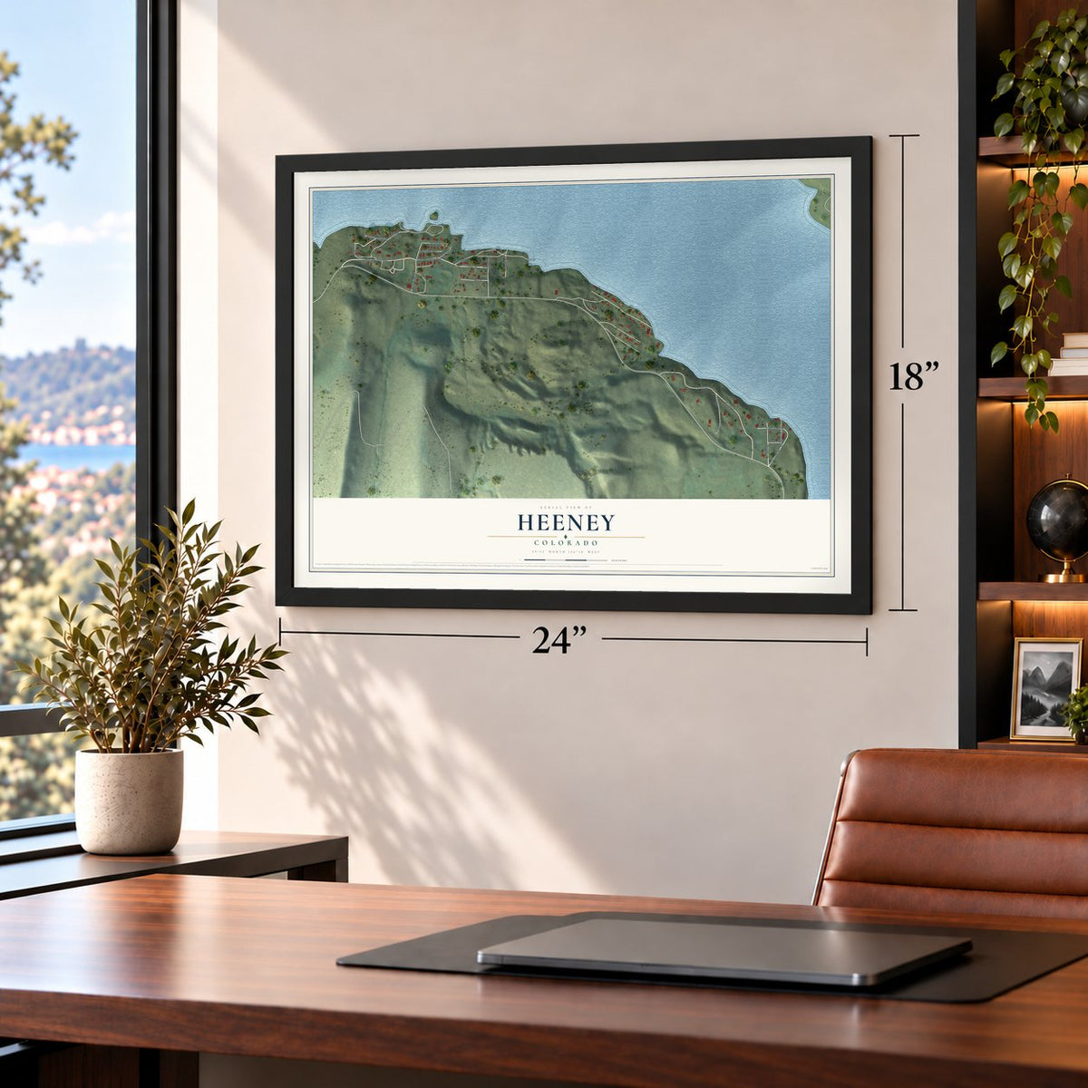 Heeney, Colorado map, 18 x 24 inch print in a black frame in a home office