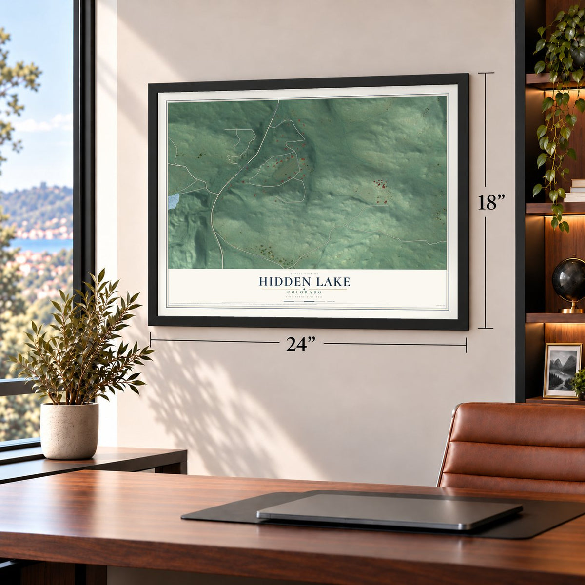 Hidden Lake, Colorado map, 18 x 24 inch print in a black frame in a home office
