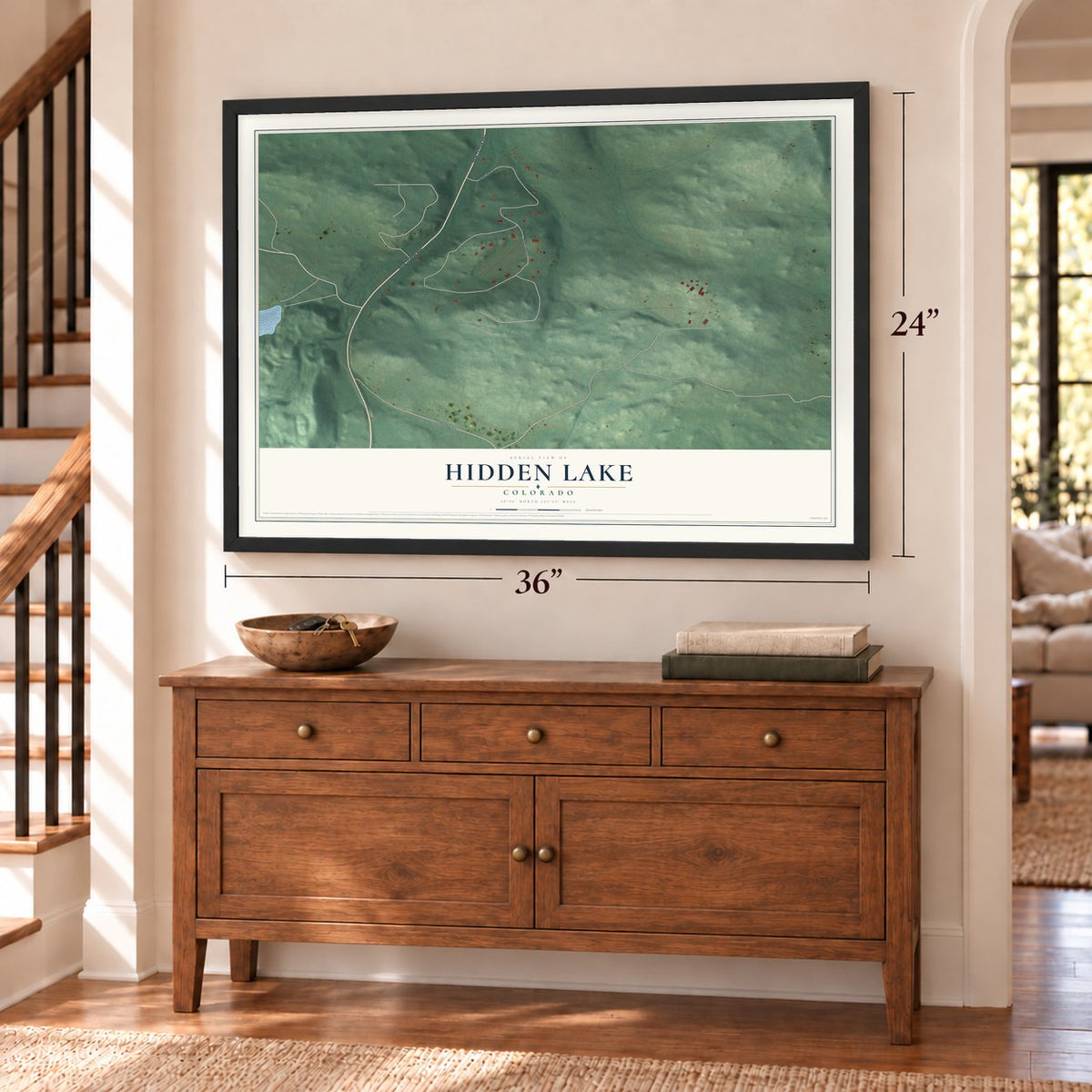 Hidden Lake, Colorado map, 24 x 36 inch print in a black frame above a dresser by a staircase