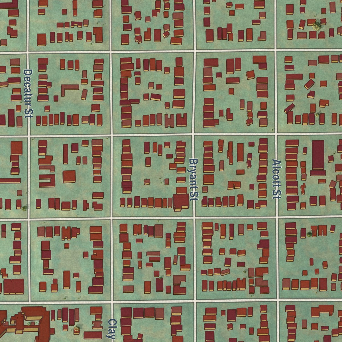 Close-up of the map of Highland, Colorado print showing street and building detail