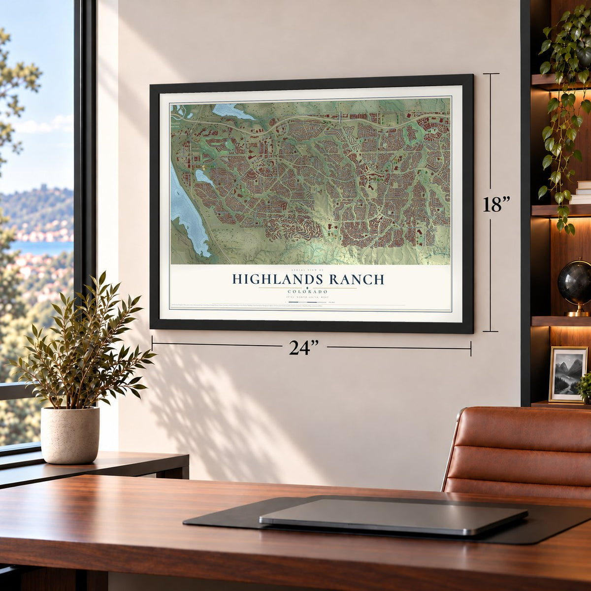 Highlands Ranch, Colorado map, 18 x 24 inch print in a black frame in a home office