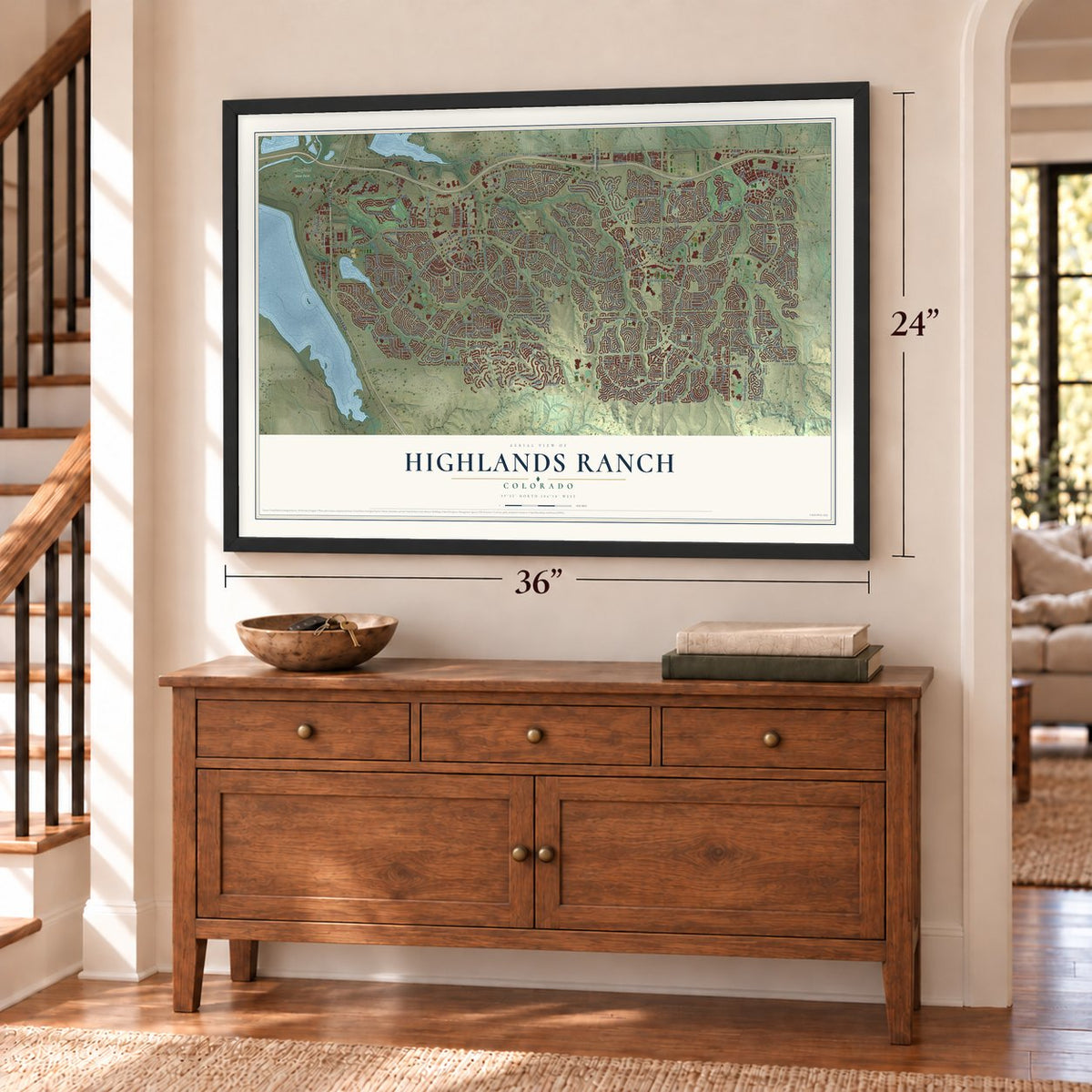 Highlands Ranch, Colorado map, 24 x 36 inch print in a black frame above a dresser by a staircase