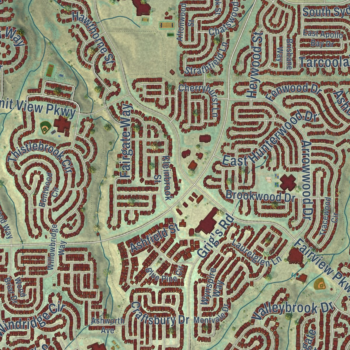 Close-up of the map of Highlands Ranch, Colorado print showing street and building detail